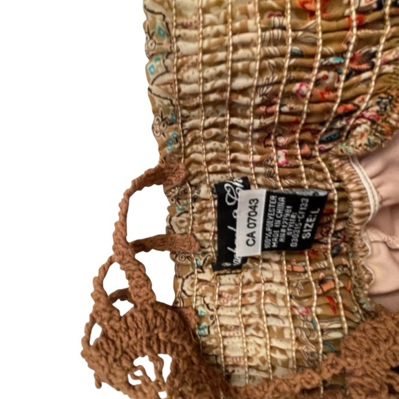 Bohemian Brown Maxi Dress-Crocheted Halter-Size Large-Front Drawstring - Picture 9 of 11